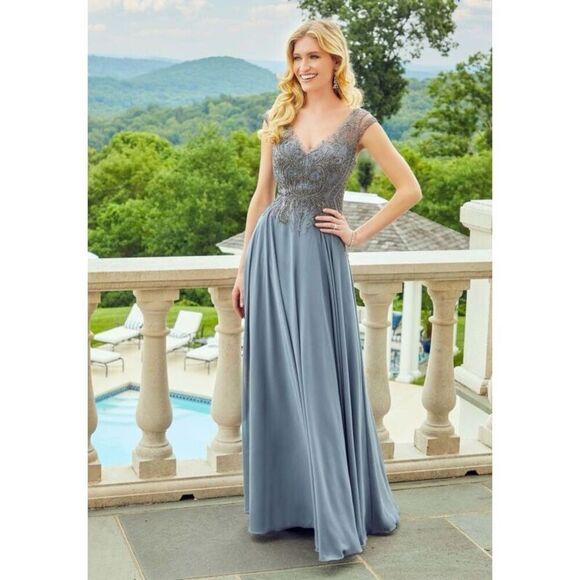 NEW MGNY by Mori Lee Embellished Bodice Cap Sleeve Maxi Dress Gown in Steel Gray - Picture 1 of 13